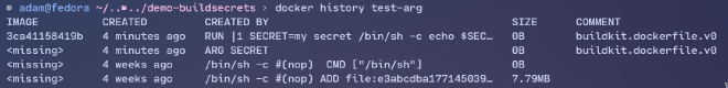 docker history showing a build argument leakage
