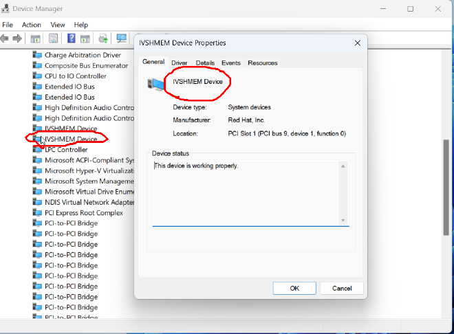 IVSHMEM device in windows device manager